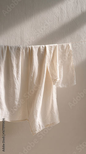 Soft fabric hanging in minimalistic laundry room with gentle light