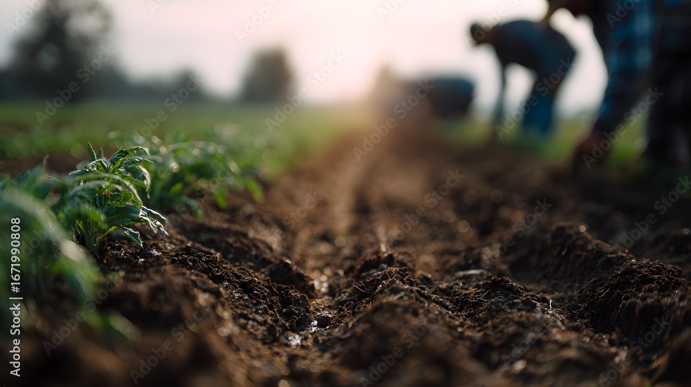 Fototapeta premium Farmers working together to plant crops in a field