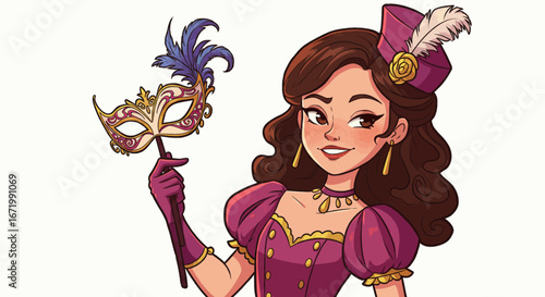 Elegant cartoon woman in purple costume holding a festive masquerade mask