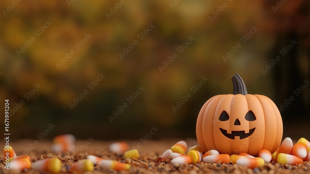 Naklejka premium Playful Boo with candy corn and jackolanterns, cheerful Halloween scene