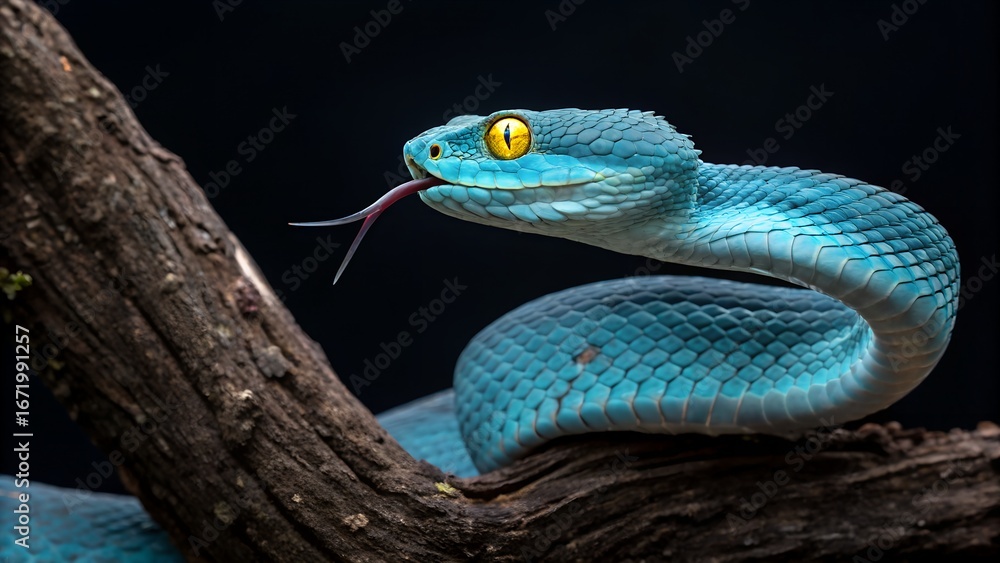 Fototapeta premium A beautiful blue viper with yellow eyes is sticking its tongue out on a branch