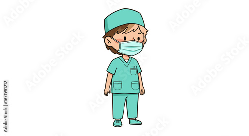 Cartoon illustration of a child doctor wearing teal scrubs, a matching cap, and a light blue surgical mask.