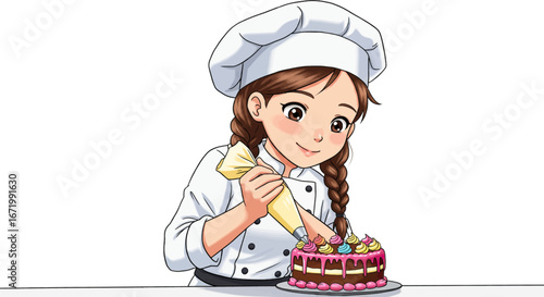 Cute cartoon girl baker with braided hair decorating a chocolate cake with vibrant frosting swirls