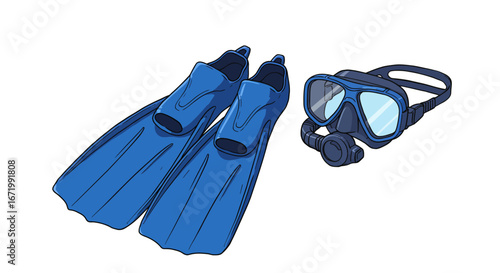 Blue Diving Fins and Mask Set, Cartoon Style Illustration