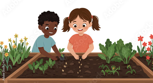 Happy diverse children planting seeds and seedlings in a wooden raised garden bed illustration