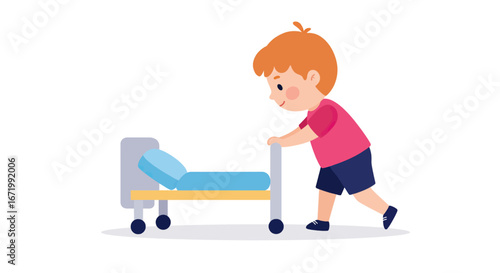 Smiling redhead boy in a pink shirt pushing a small blue hospital bed with wheels.
