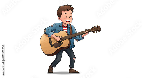Cartoon Boy Playing Acoustic Guitar with Denim Jacket