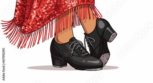 Illustrated tap dancer's feet in black lace-up shoes with a vibrant red sequin skirt.