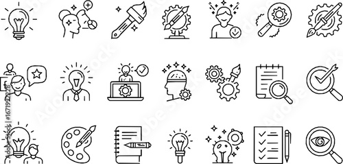 Creativity line editable icon set. Containing Creative, idea, design, imagination, innovation, inspiration, originality, and more. Editable stroke. Vector illustration