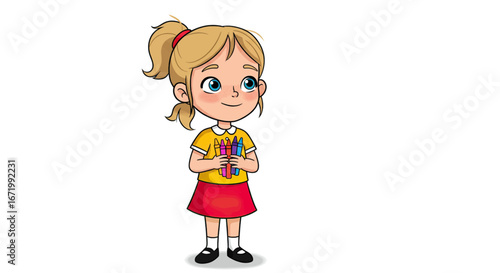 Cartoon Girl with Blonde Hair Holding Crayons, Wearing Yellow Shirt and Red Skirt