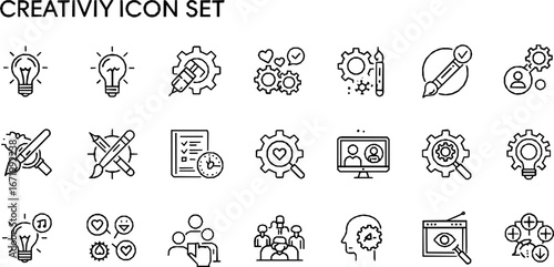 Creativity line editable icon set. Containing Creative, idea, design, imagination, innovation, inspiration, originality, and more. Editable stroke. Vector illustration