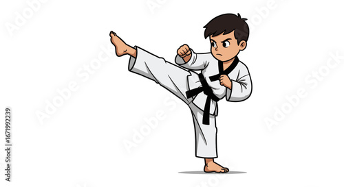 Young boy in a white karate uniform performing a high side kick