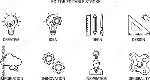 Creativity line editable icon set. Containing Creative, idea, design, imagination, innovation, inspiration, originality, and more. Editable stroke. Vector illustration