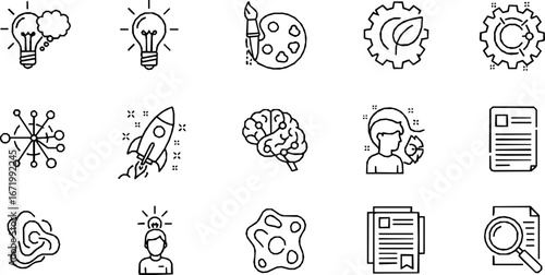 Creativity line editable icon set. Containing Creative, idea, design, imagination, innovation, inspiration, originality, and more. Editable stroke. Vector illustration