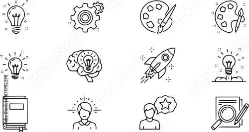 Creativity line editable icon set. Containing Creative, idea, design, imagination, innovation, inspiration, originality, and more. Editable stroke. Vector illustration