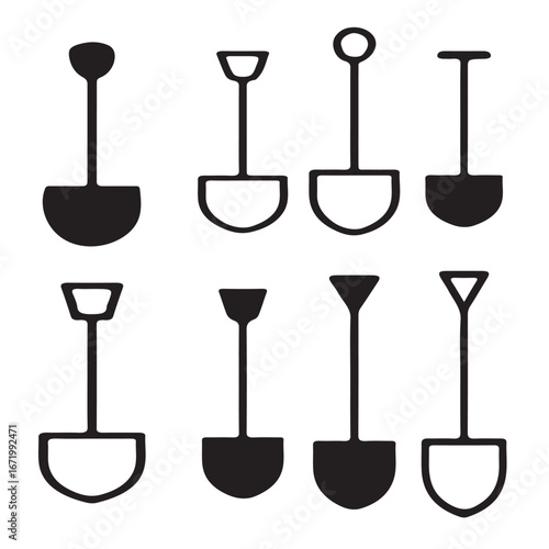 An isolated black silhouette of shovel tools