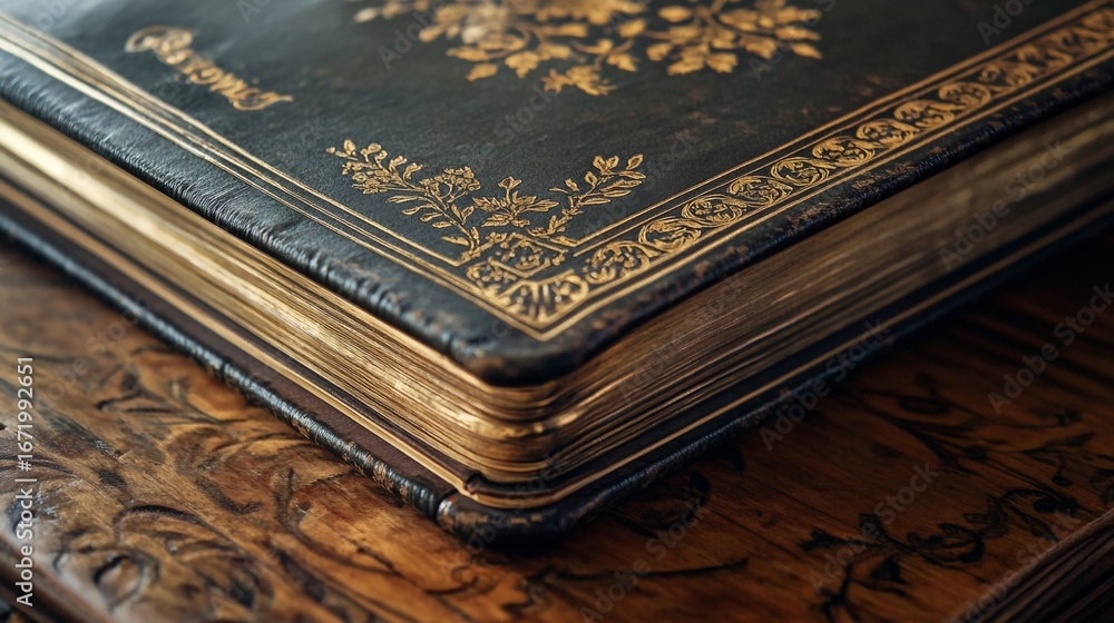 Fototapeta premium Ornate antique book with gold embossed cover on intricate wooden surface
