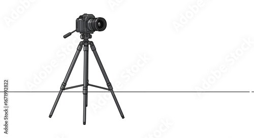 Dark grey digital camera with lens mounted on a three-legged tripod, presented as a clean, outlined illustration.