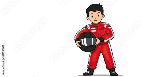 Cartoon Racer Holding Helmet, Wearing Red Racing Suit, Smiling.