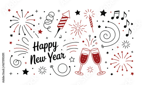 Fun hand drawn new years party doodles vector fireworks cocktails streamers rockets design. Year year doodles designs.