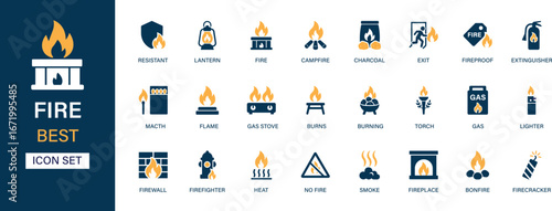 Fire icon set collection. Burning, charcoal, exit, fireproof, extinguisher, gas stove, burns, firewall, torch, resistant, lighter and best solid icon set.