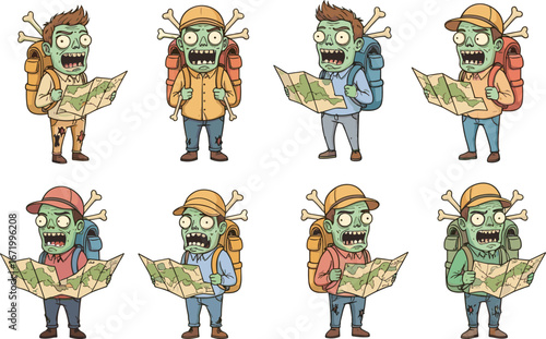 Cartoon zombie hiker with backpack and map, outdoor adventure, exploring nature, undead traveler, funny zombie character, hiking concept.