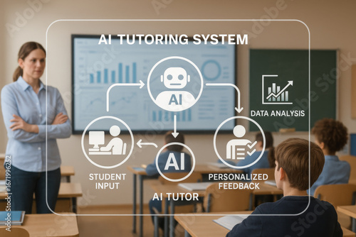AI tutoring system concept in classroom setting, featuring teacher and students. diagram illustrates AI tutor, student input, data analysis, and personalized feedback