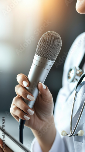 Electronic medical records dictate care with clarity as doctor holds microphone, stethoscope gleams, soft light adds focus and calm