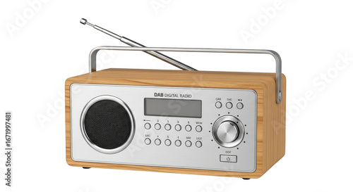 A wooden dab digital radio is isolated on transparent background