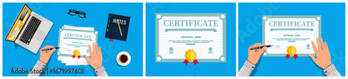 Man hand signing diploma certificate. Successful graduation document concept. Education training achievement for award ceremony.