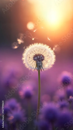 A solitary dandelion clock stands proud amid a vibrant field of purple flowers, silhouetted against the warm glow of the setting sun, and gently releasing its seeds.