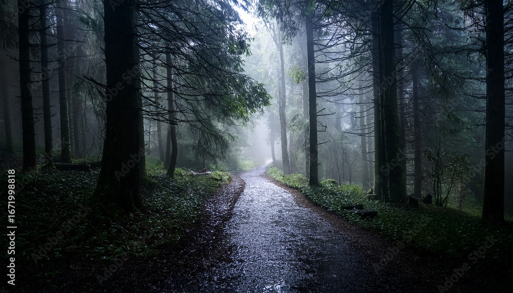 Fototapeta premium dark and mysterious forest path fading into bright light with dense trees and heavy rainfall creating a somber and eerie atmosphere