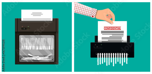 Man shreds confidential document with paper shredder. Data protection and information security concept. Office document destruction for GDPR compliance.