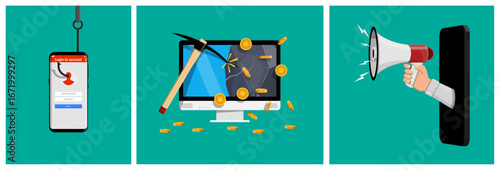 Flat vector set collection illustration of a phishing scam on smartphone, crypto mining and digital marketing strategy.