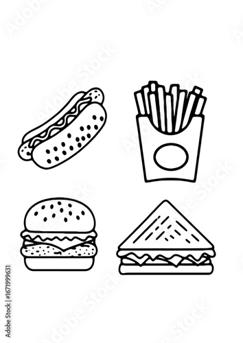 Delicious Delights: A tempting arrangement of classic fast food favorites, illustrated in a simple, yet appealing line drawing style. This image captures the essence of comfort food.
