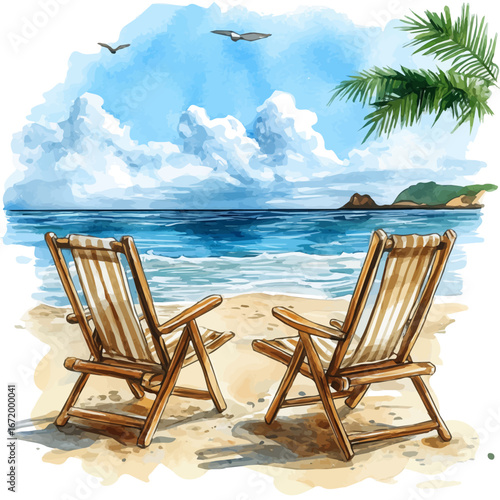 watercolor of Summer Beach, vector, isolated on a white background.