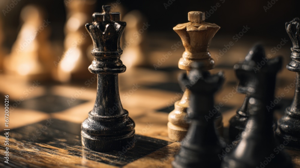 Fototapeta premium Chess Pieces in Focus: Close-up shot of meticulously crafted chess pieces, showcasing the strategic depth and artistry of the game on a wooden chessboard. 
