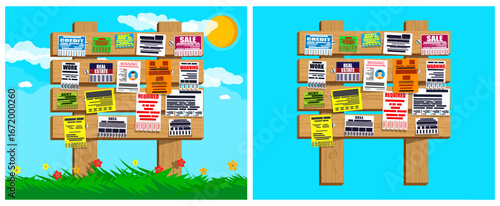 Bulletin board with various paper adverts and business notes. Community classified announcement for job, credit, money, or sale.