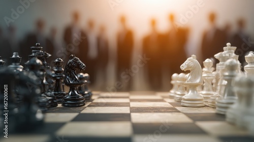 Strategic Boardroom: A chessboard with pieces set, viewed with business people out of focus. It embodies strategic planning, leadership, and competitive business strategies.