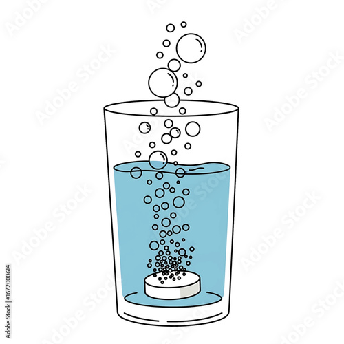 Effervescent tablet dissolving in a glass of water, creating bubbles.