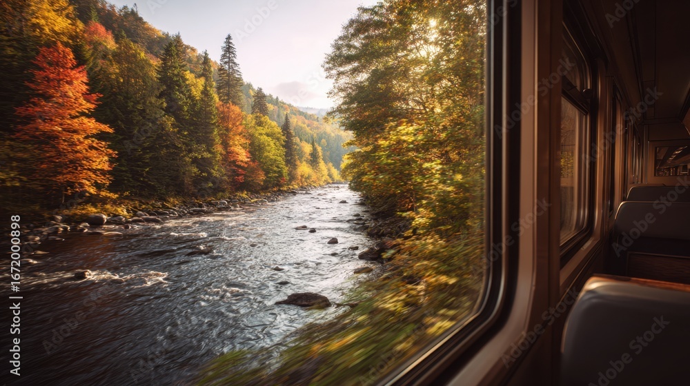 Obraz premium Autumn River Landscape from Train: Witness the breathtaking beauty of autumn through a train window, where a vibrant river winds its way through a colorful forest, painting a picturesque travel scene.