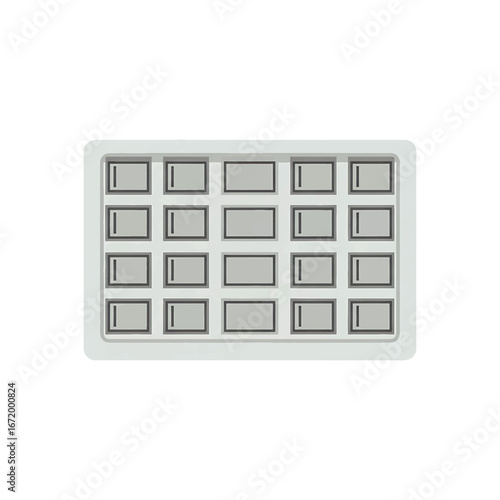 Empty gray plastic tray with rectangular compartments on white background.