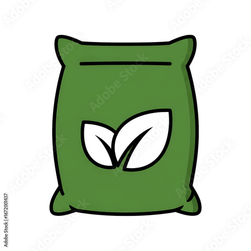 Illustration of a green fertilizer bag with leaves on a white background.