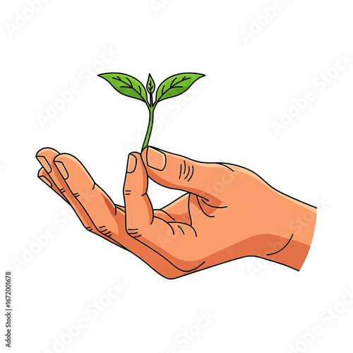 Hand holding a small green plant seedling, representing growth, care, and the environment.