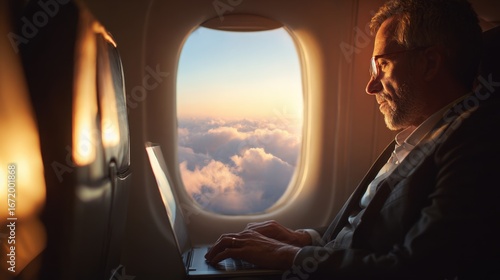 Wallpaper Mural Flying High: A sophisticated individual enjoys a moment of quiet reflection and productive work, illuminated by the warm, soft light streaming through an aircraft window, with clouds.  Torontodigital.ca