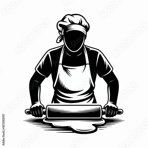 Baker Rolling Dough in Black and White Illustration