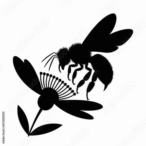 Bee Pollinating Flower Silhouette Design
