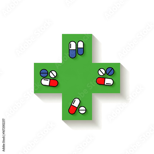 Green medical cross symbol with pills and capsules, representing healthcare and pharmacy.