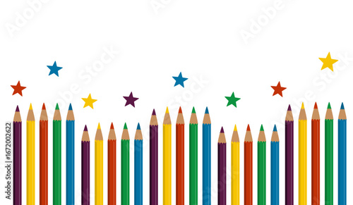 Sfondo con matite colorate e stelline multicolore, materiale scolastico, banner, arte
