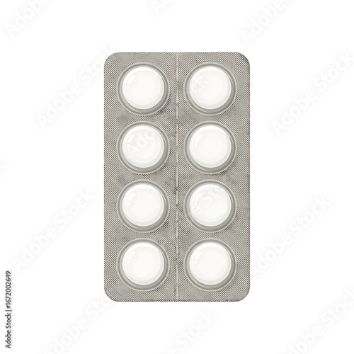 Blister pack of eight round white pills, pharmaceutical product for health.